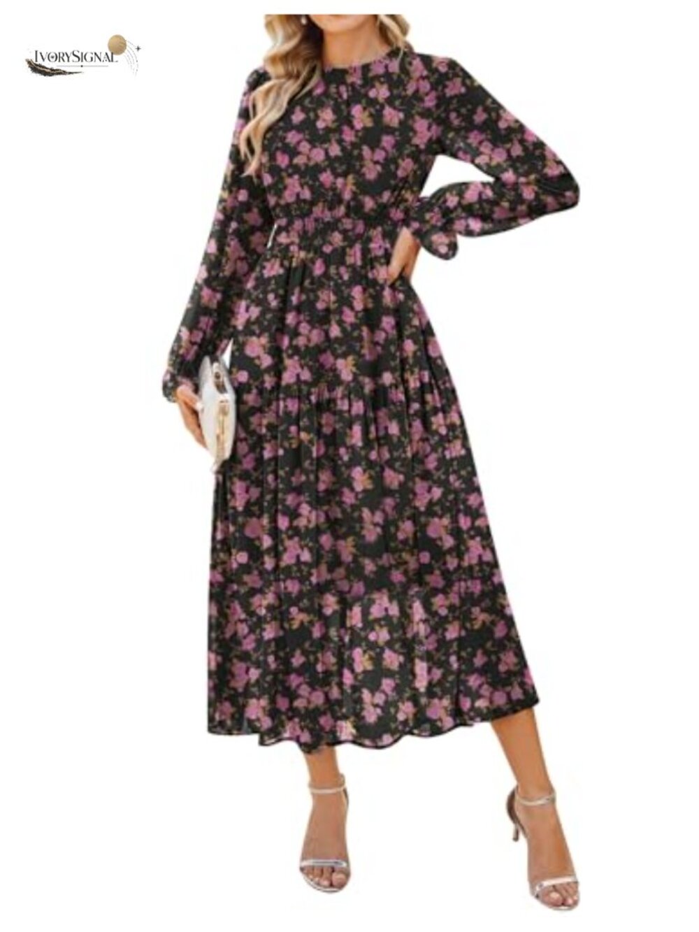 Long Sleeve Floral Maxi Dress Wedding Guest Pockets A-Line